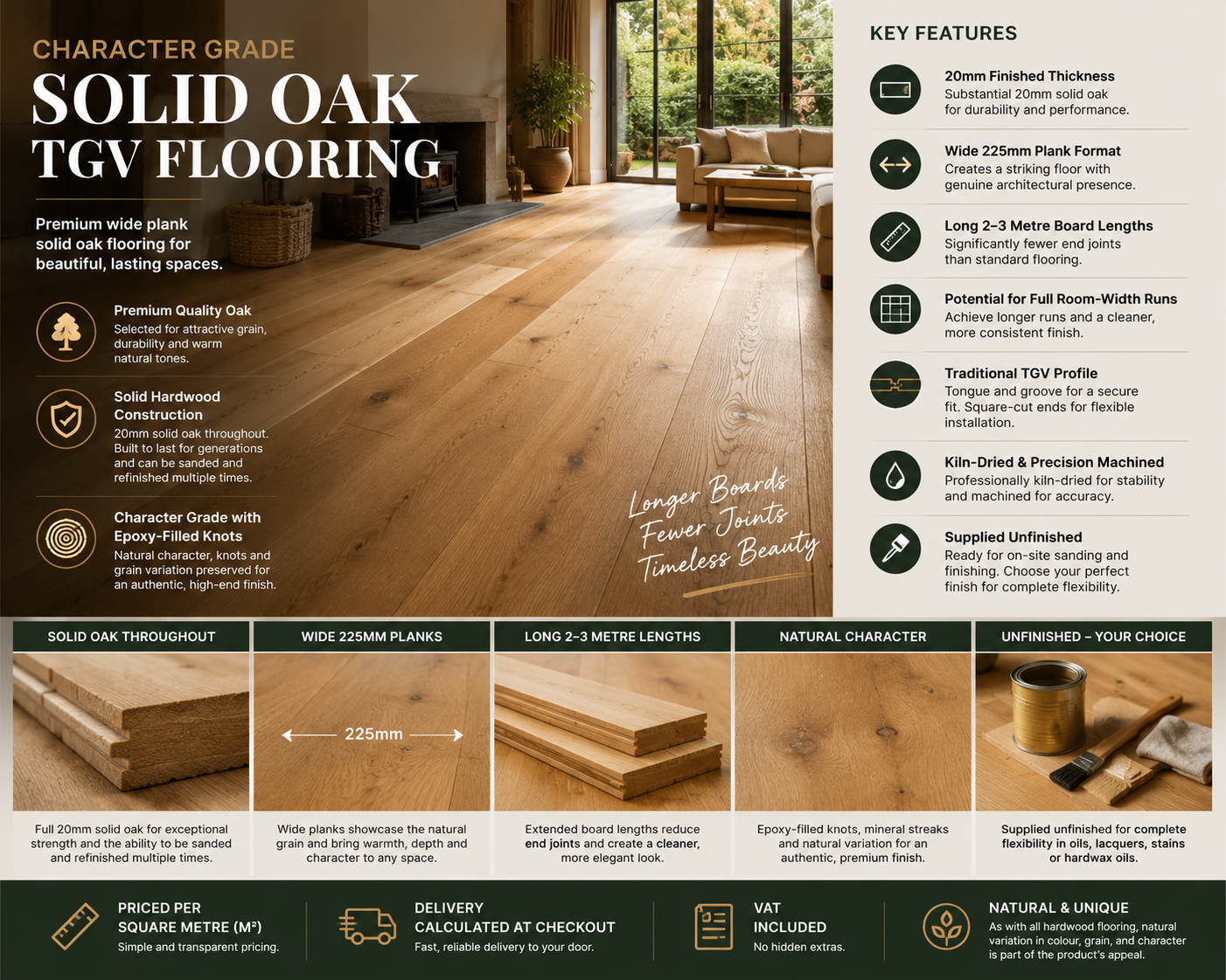 Premium Character Solid Oak Flooring | Wide Planks TGV