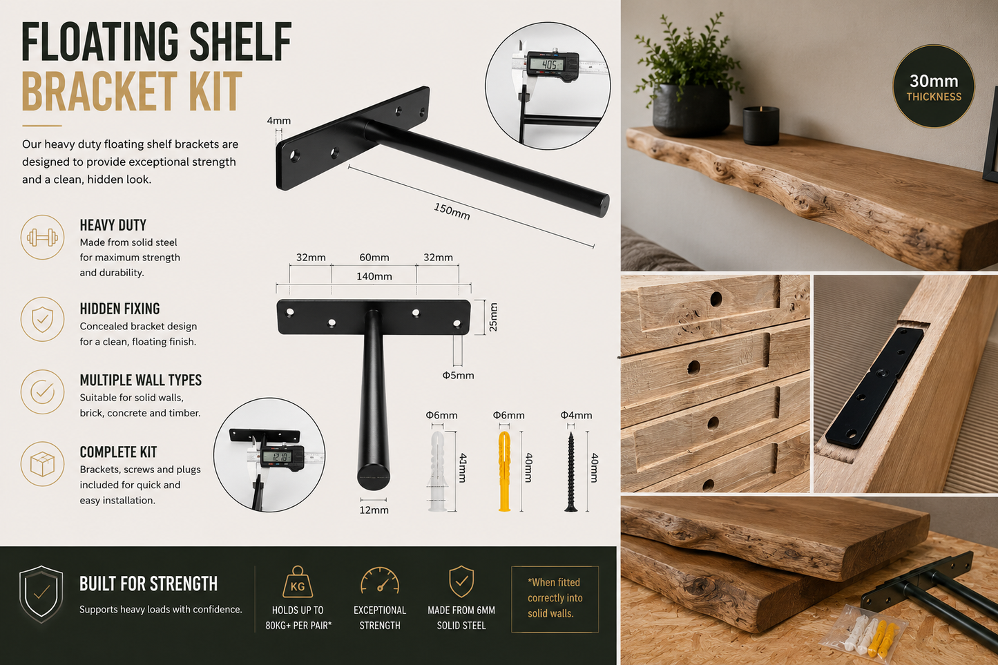 Classic Live Edge Oak Floating Shelves - 30mm