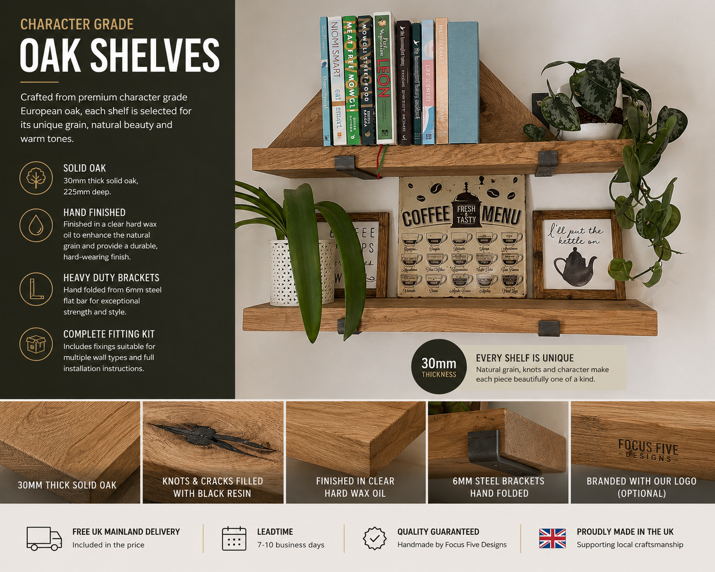 Character Grade European Oak Shelves with Steel Brackets