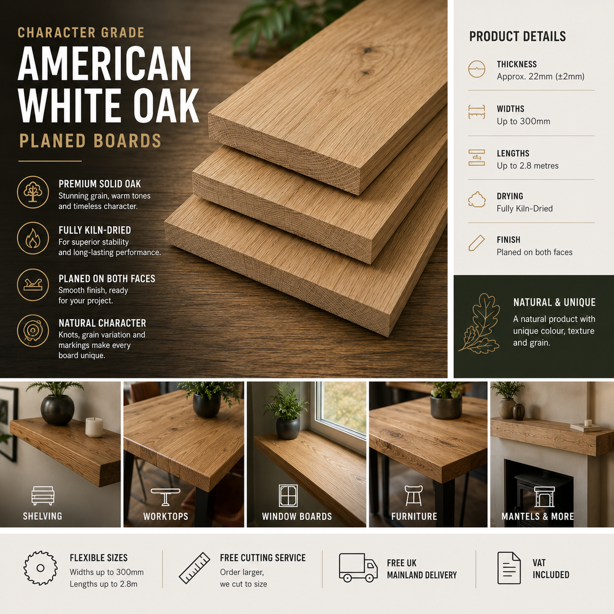 Character Grade American White Oak Boards - 22mm