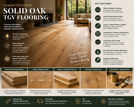 Premium Character Grade Solid Oak Flooring | Wide Planks TGV
